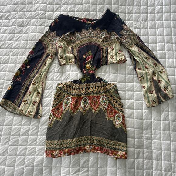 FARM RIO Womens Dress Mini Long Sleeve Cut Out Waist Bohemian Festival | P US S - Picture 2 of 12